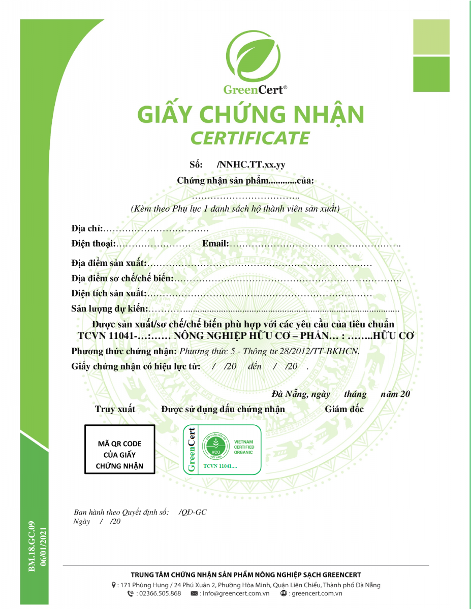 Mẫu giấy chứng nhận gạo hữu cơ