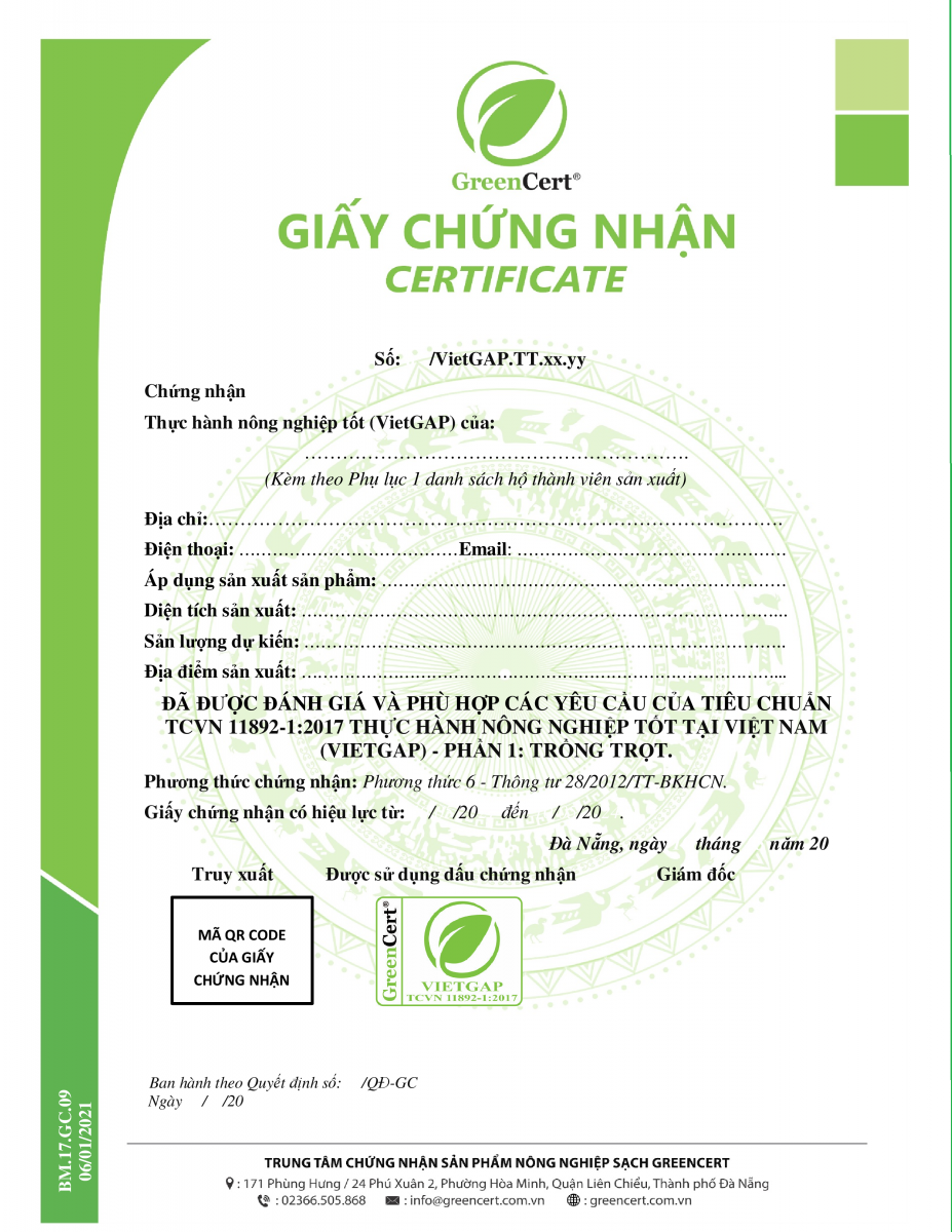Mẫu giấy chứng nhận VietGAP
